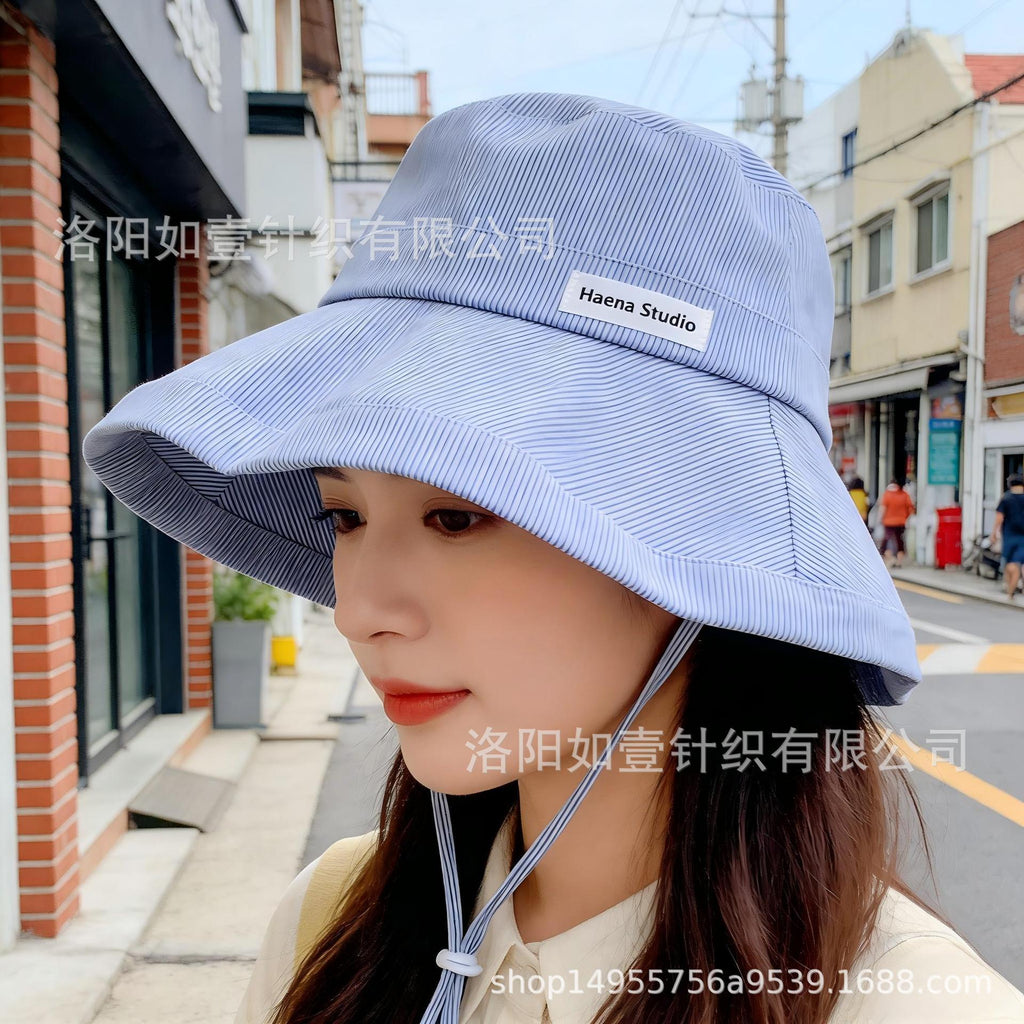 2026 New Japanese Style Fresh Striped Fisherman Hat Women's Summer Versatile Sun Hat Big Head Face-Looking Small Basin Hat