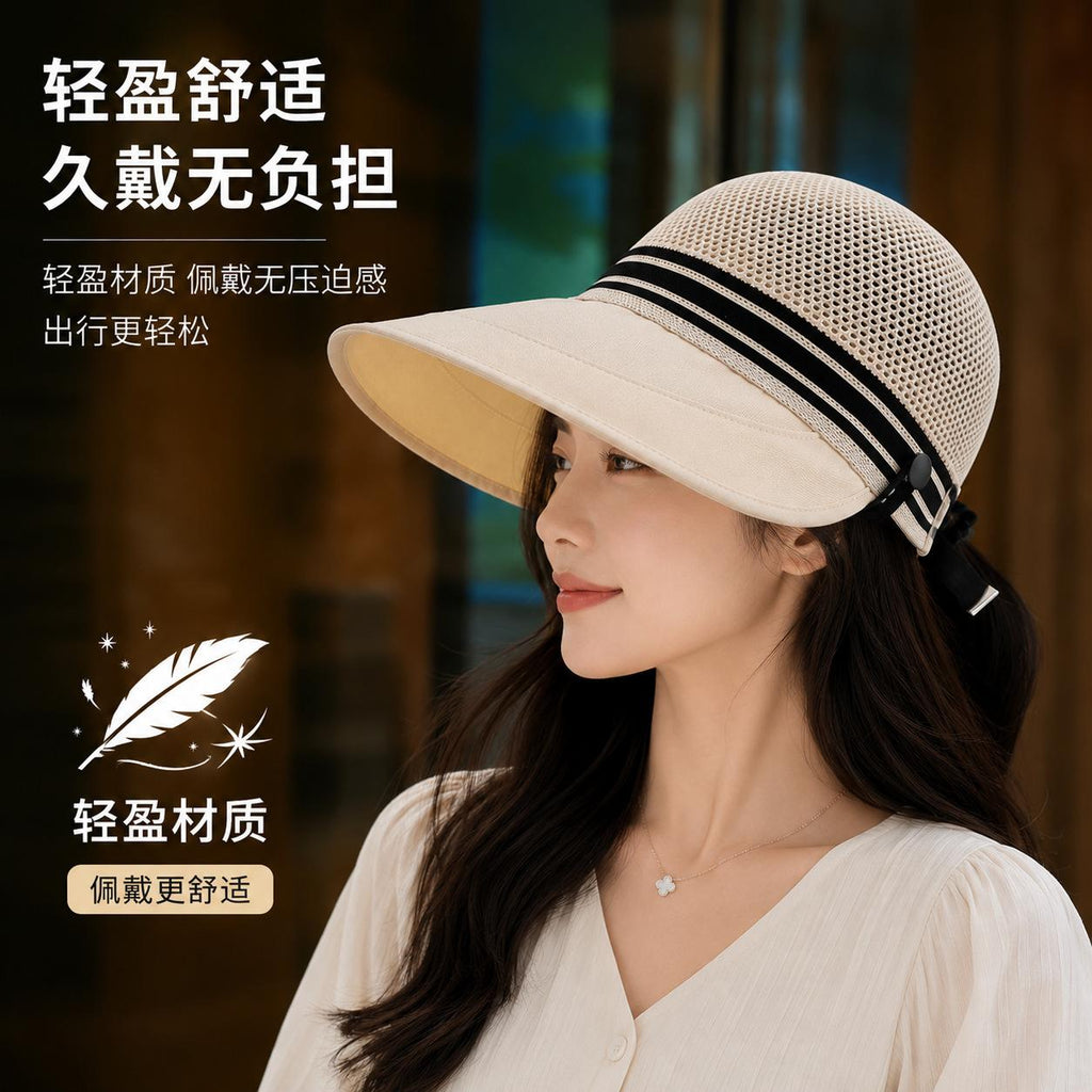 Hollow-out Breathable Fisherman Hat Women's Summer Korean-Style Outdoor Big Brim Sun Protection Hat Can Tie Ponytail Peaked Cap