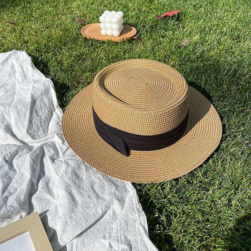 French Style Flat Top Hat Women's Summer Big Head Circumference Big Brim Straw Hat Raffia Hat High-End Fashion All-Match Adult Hat