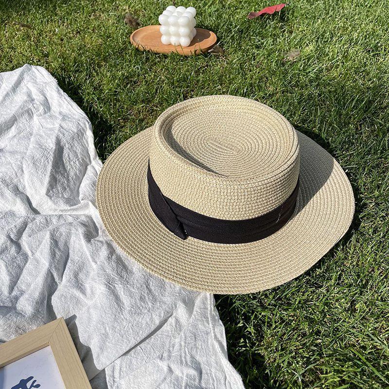 French Style Flat Top Hat Women's Summer Big Head Circumference Big Brim Straw Hat Raffia Hat High-End Fashion All-Match Adult Hat