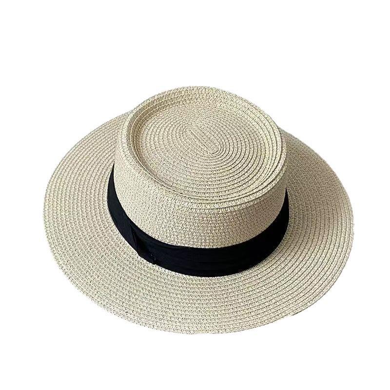 French Style Flat Top Hat Women's Summer Big Head Circumference Big Brim Straw Hat Raffia Hat High-End Fashion All-Match Adult Hat