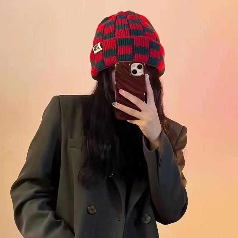 New Autumn and Winter Warm Contrast Color Chessboard Plaid Wool Hat Women's Autumn and Winter Color Matching All-Match Big Head Circumference Fashion Knitted Hat