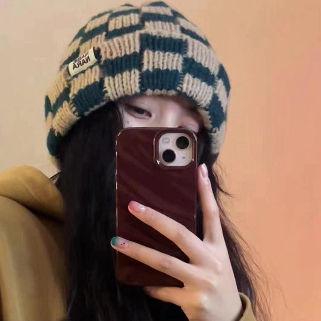 New Autumn and Winter Warm Contrast Color Chessboard Plaid Wool Hat Women's Autumn and Winter Color Matching All-Match Big Head Circumference Fashion Knitted Hat