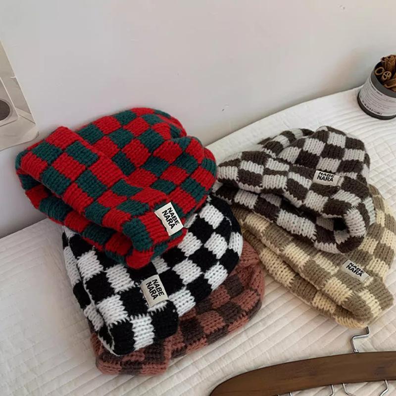 New Autumn and Winter Warm Contrast Color Chessboard Plaid Wool Hat Women's Autumn and Winter Color Matching All-Match Big Head Circumference Fashion Knitted Hat