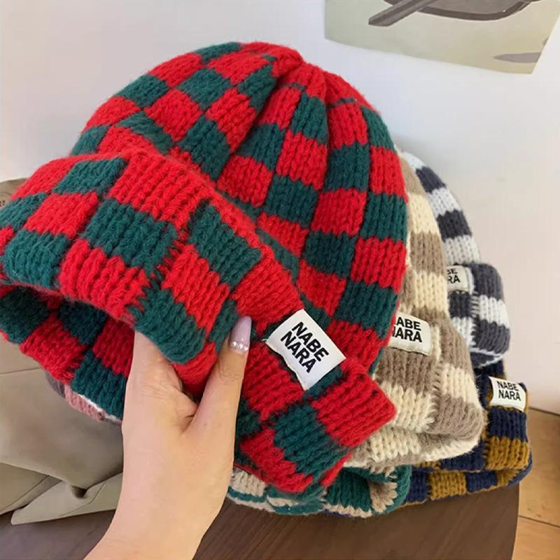 New Autumn and Winter Warm Contrast Color Chessboard Plaid Wool Hat Women's Autumn and Winter Color Matching All-Match Big Head Circumference Fashion Knitted Hat