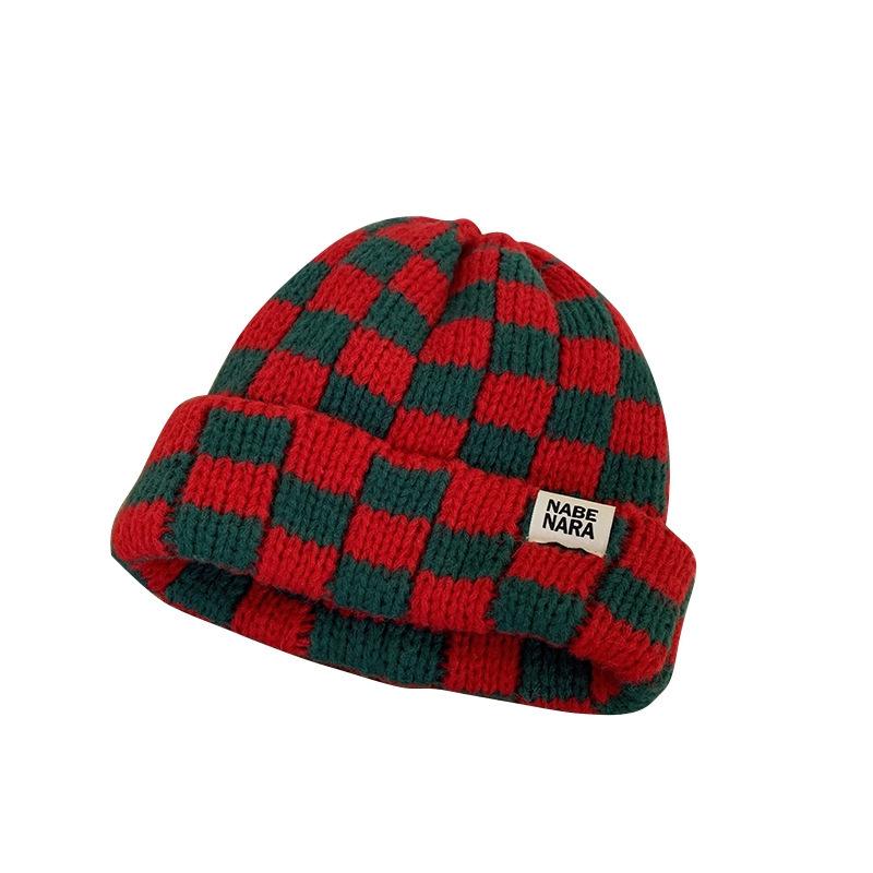 New Autumn and Winter Warm Contrast Color Chessboard Plaid Wool Hat Women's Autumn and Winter Color Matching All-Match Big Head Circumference Fashion Knitted Hat