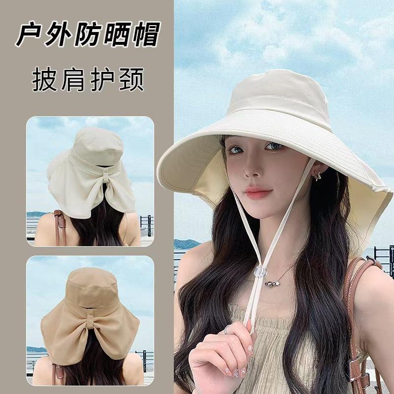 Summer Women's Outdoor Sun Hat with Ponytail Hole Korean Style Versatile Big Brim Shawl Fisherman Hat Full Top Neck Protection