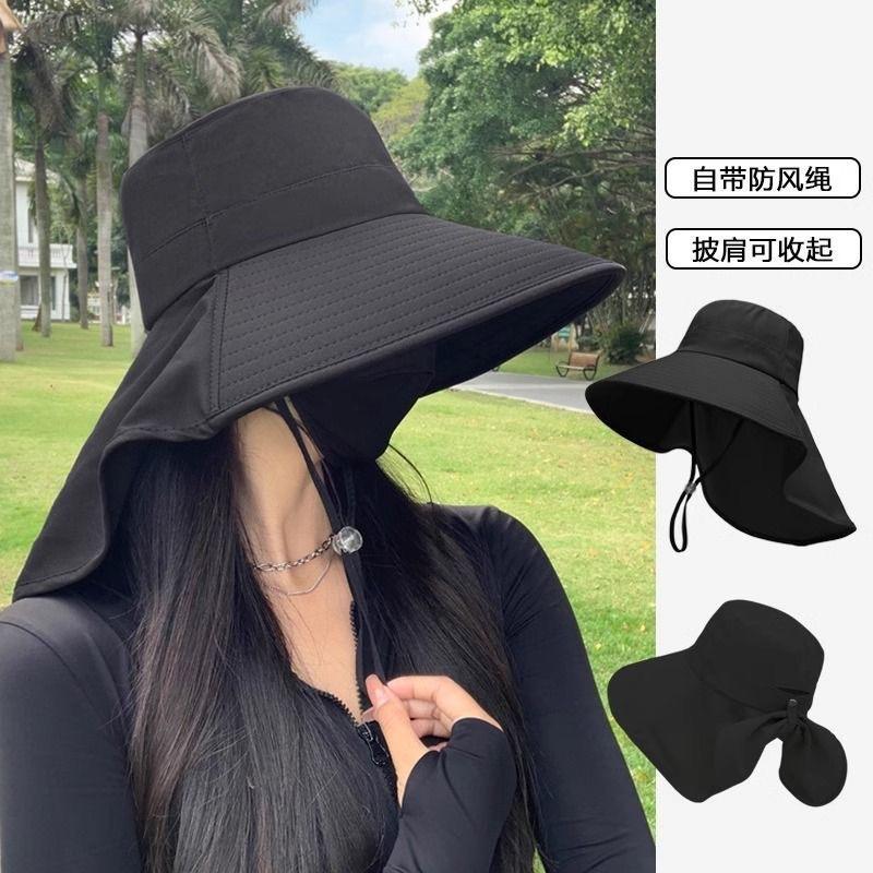 Summer Women's Outdoor Sun Hat with Ponytail Hole Korean Style Versatile Big Brim Shawl Fisherman Hat Full Top Neck Protection