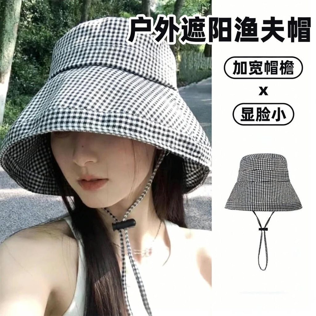 Korean Style Houndstooth Sun-Proof Fisherman Hat Spring and Summer 2026 New Sun Windproof Sun-Proof Hat Big Brim Sun Hat