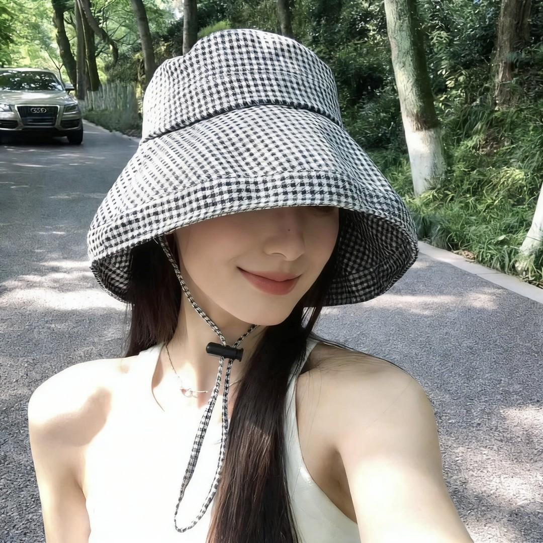 Korean Style Houndstooth Sun-Proof Fisherman Hat Spring and Summer 2026 New Sun Windproof Sun-Proof Hat Big Brim Sun Hat