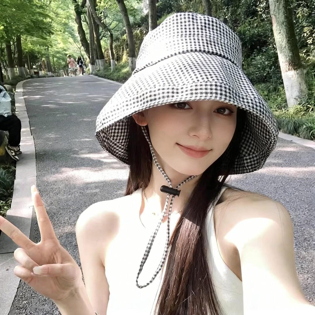Korean Style Houndstooth Sun-Proof Fisherman Hat Spring and Summer 2026 New Sun Windproof Sun-Proof Hat Big Brim Sun Hat