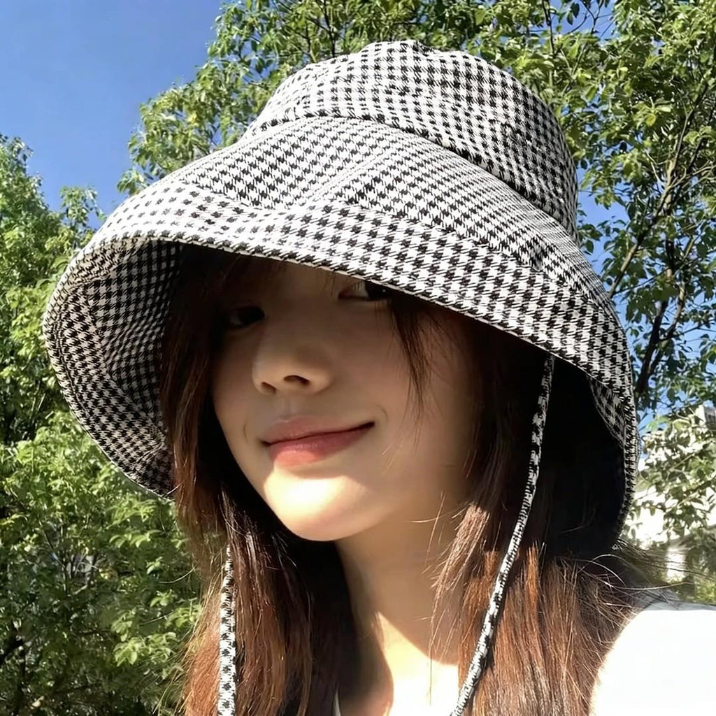Korean Style Houndstooth Sun-Proof Fisherman Hat Spring and Summer 2026 New Sun Windproof Sun-Proof Hat Big Brim Sun Hat