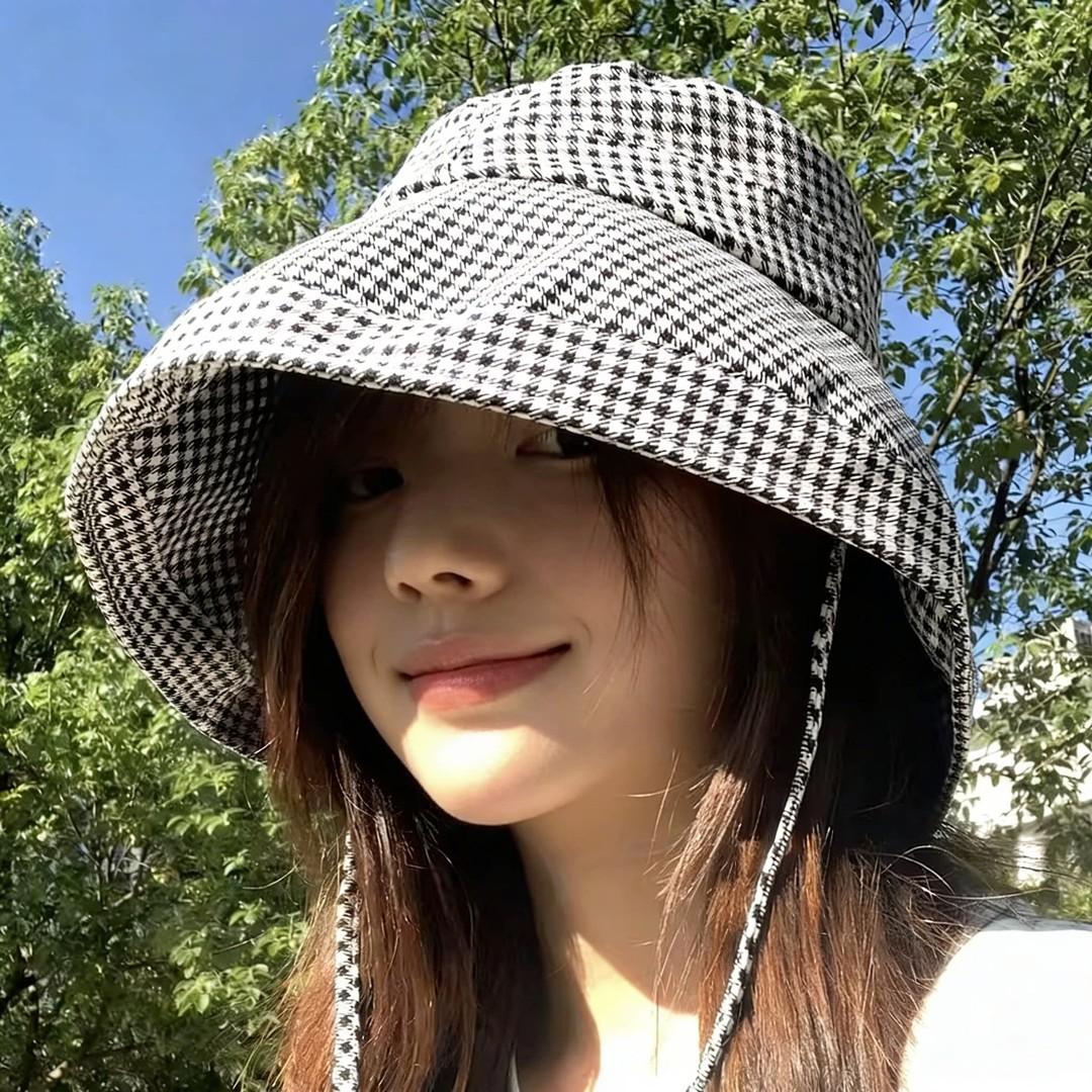 Korean Style Houndstooth Sun-Proof Fisherman Hat Spring and Summer 2026 New Sun Windproof Sun-Proof Hat Big Brim Sun Hat