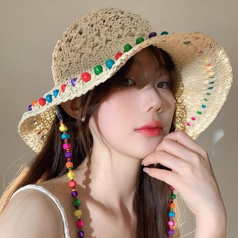 Elegant Style Colorful Wooden Bead Straw Hat Female Summer Hollow Big Brim Sun Protection Hat Foldable Fisherman Hat Tide