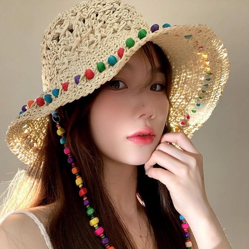 Elegant Style Colorful Wooden Bead Straw Hat Female Summer Hollow Big Brim Sun Protection Hat Foldable Fisherman Hat Tide