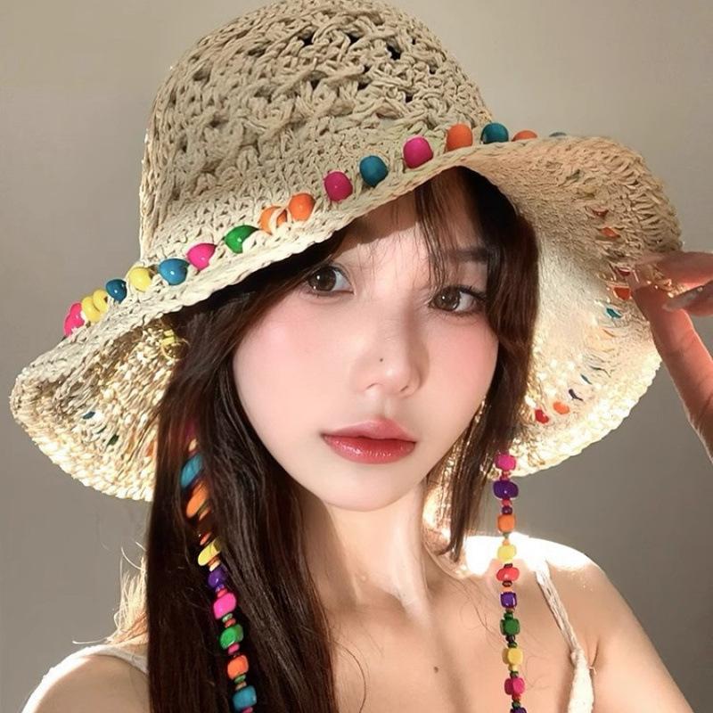 Elegant Style Colorful Wooden Bead Straw Hat Female Summer Hollow Big Brim Sun Protection Hat Foldable Fisherman Hat Tide