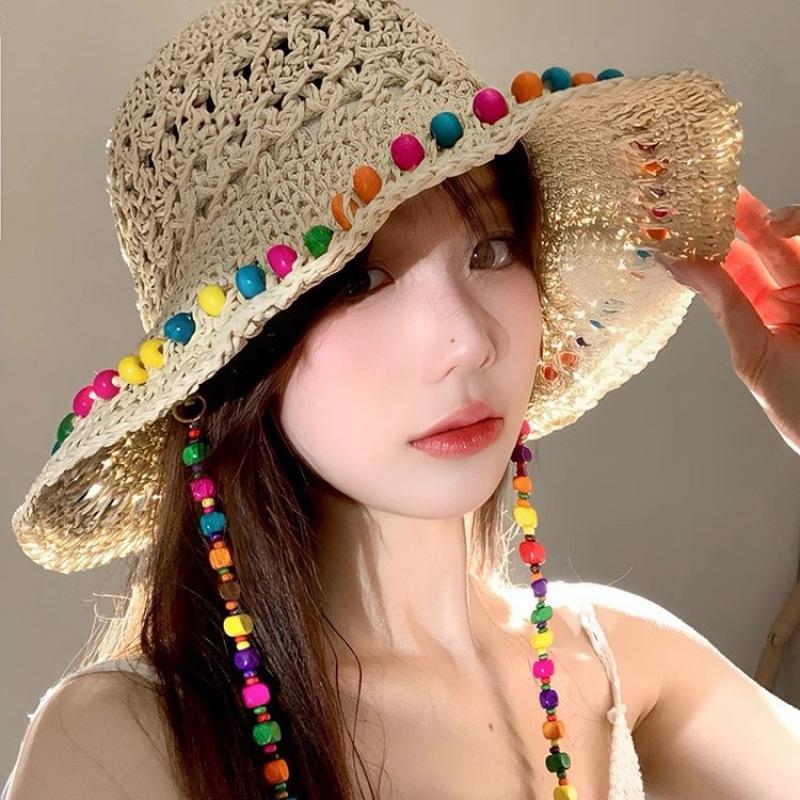Elegant Style Colorful Wooden Bead Straw Hat Female Summer Hollow Big Brim Sun Protection Hat Foldable Fisherman Hat Tide