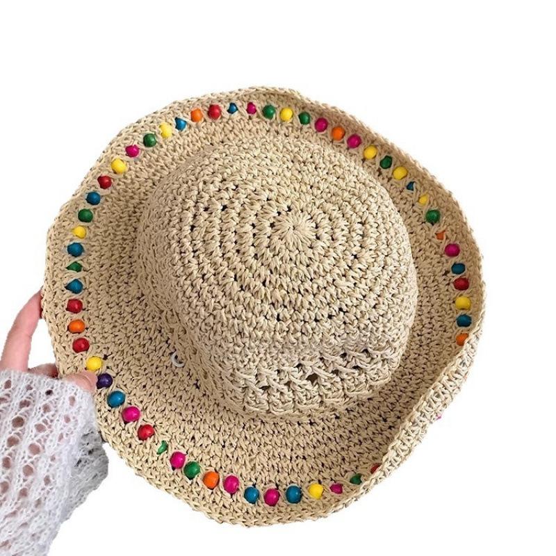 Elegant Style Colorful Wooden Bead Straw Hat Female Summer Hollow Big Brim Sun Protection Hat Foldable Fisherman Hat Tide