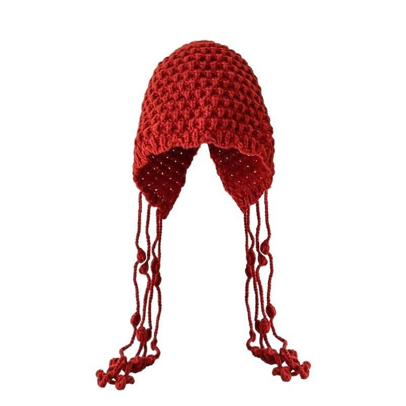 Red Tassel Ball Knitted Toe Cap Women's Autumn and Winter Western Sichuan Travel Wear Wear Hollow-out Face-Looking Small Wool Hat