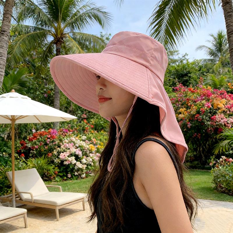 Sun Hat Women's Summer Solid Color Big Brim Shawl Fisherman Hat Outdoor Sun Hat Cover Face Neck Protection Integrated Sun Hat