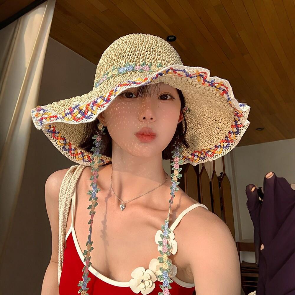 Big Brim Straw Straw Hat Female Summer Seaside Holiday Fisherman Hat Ethnic Style Flower Sun-Proof Sun-Proof Sun Hat