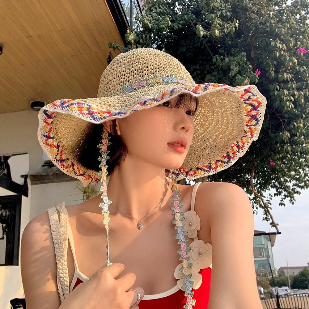 Big Brim Straw Straw Hat Female Summer Seaside Holiday Fisherman Hat Ethnic Style Flower Sun-Proof Sun-Proof Sun Hat