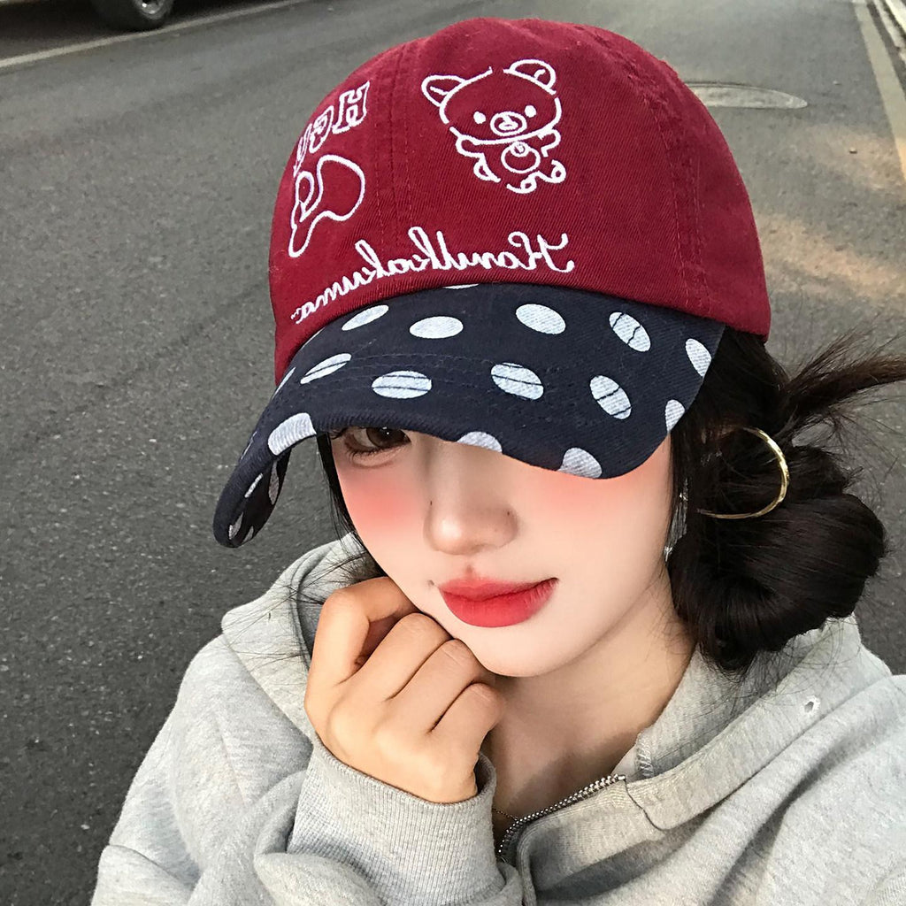 Spring, Summer and Autumn Bear Embroidered Sun-Proof Sun-Proof All-Match Face-Looking Small Baseball Cap Trendy Niche Polka Dot Peaked Cap for Children