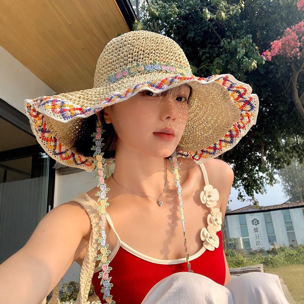 Ethnic Style Straw Hat Women's Summer Seaside Vacation Sun Protection Fisherman Hat Hand-Woven Flower Straw Hat