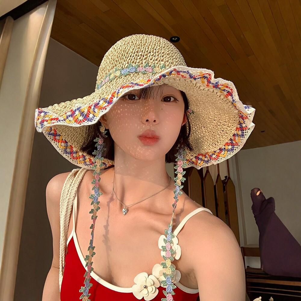 Ethnic Style Straw Hat Women's Summer Seaside Vacation Sun Protection Fisherman Hat Hand-Woven Flower Straw Hat