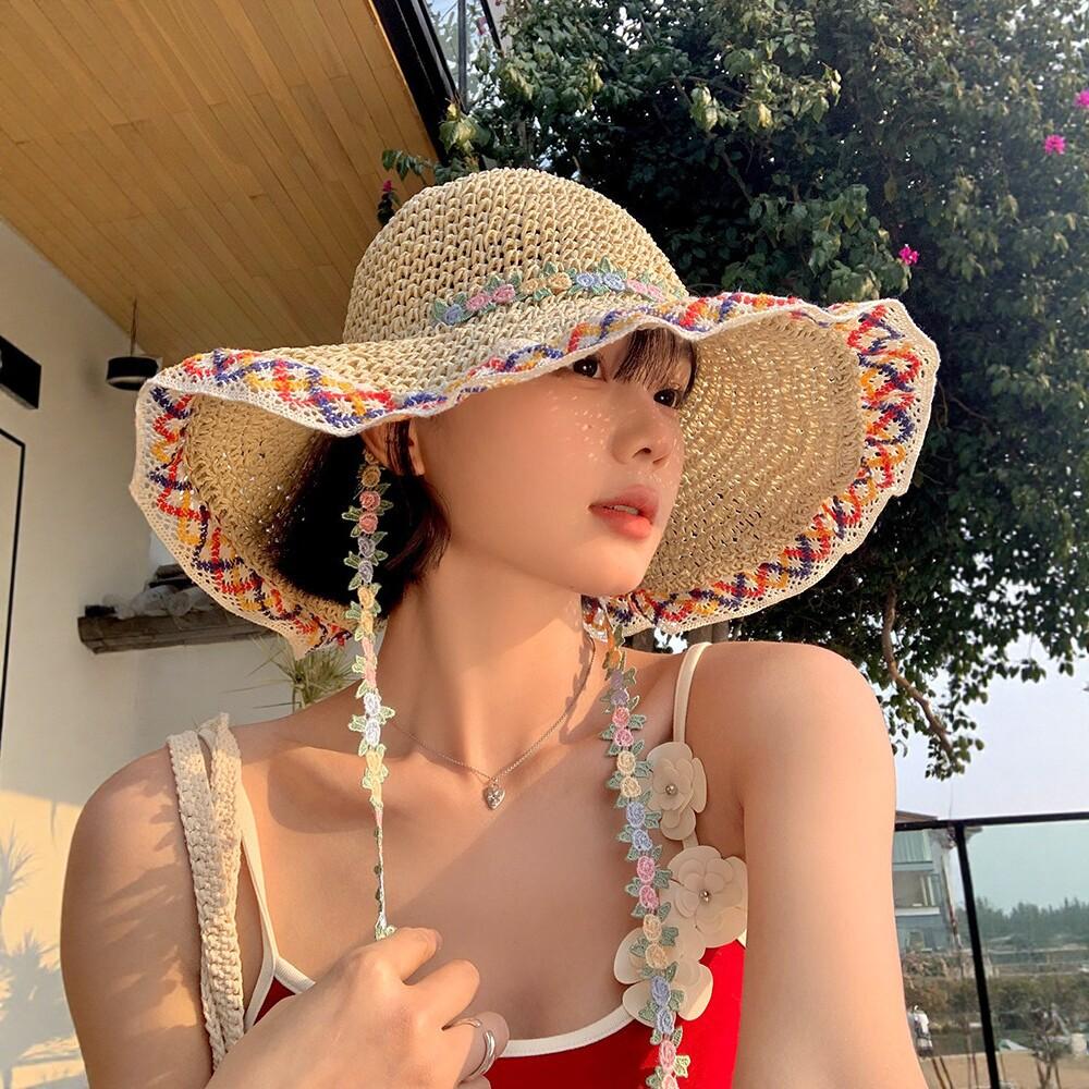 Ethnic Style Straw Hat Women's Summer Seaside Vacation Sun Protection Fisherman Hat Hand-Woven Flower Straw Hat