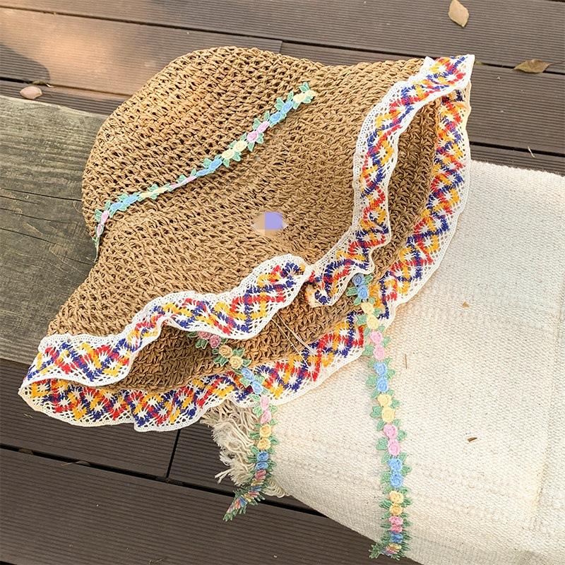 Ethnic Style Straw Hat Women's Summer Seaside Vacation Sun Protection Fisherman Hat Hand-Woven Flower Straw Hat