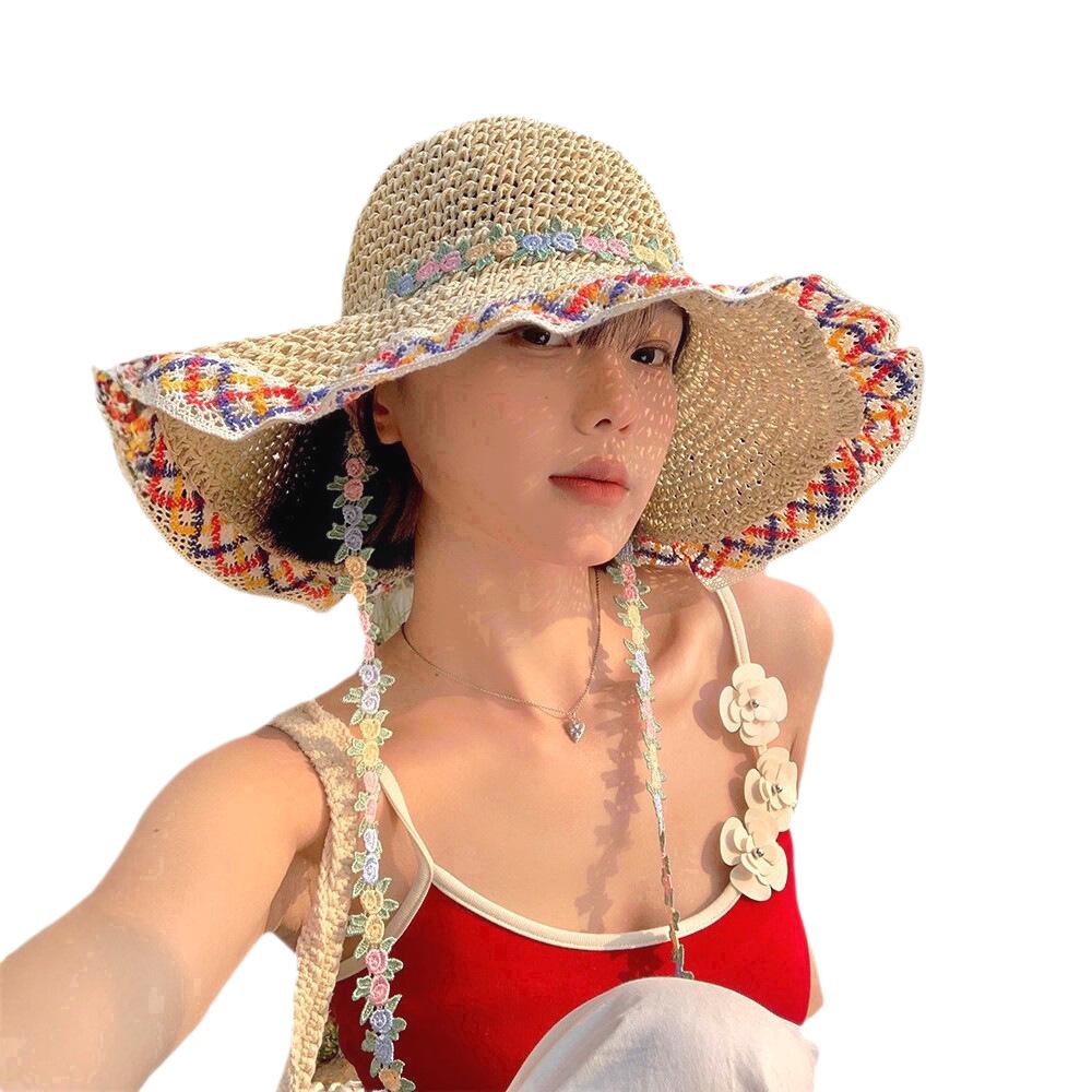 Ethnic Style Straw Hat Women's Summer Seaside Vacation Sun Protection Fisherman Hat Hand-Woven Flower Straw Hat