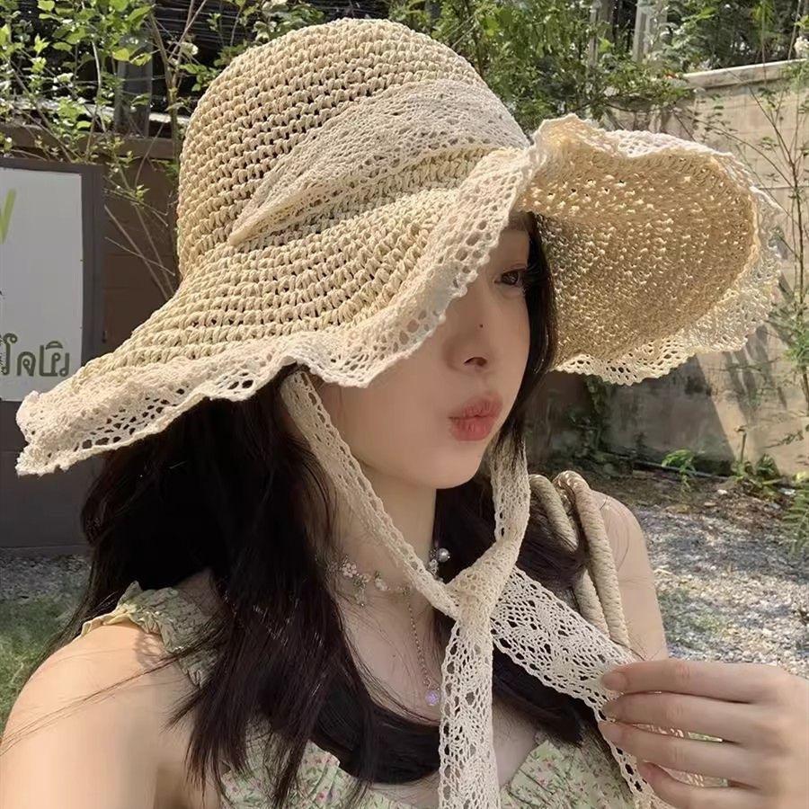Straw Hat Seaside Hat Ins Lace-up Straw Hat Female Summer Travel Sun Protection Beach Sun Hat Lace Edge Sun Hat