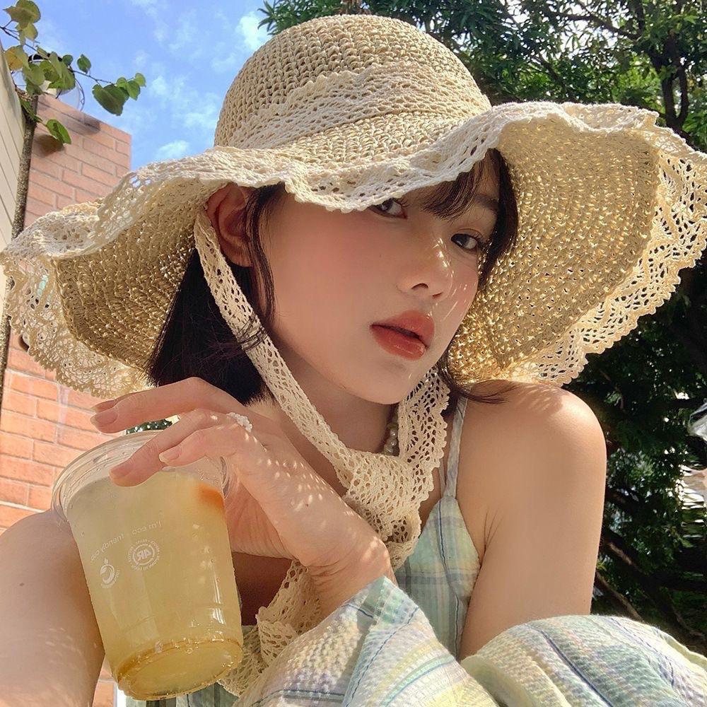Straw Hat Seaside Hat Ins Lace-up Straw Hat Female Summer Travel Sun Protection Beach Sun Hat Lace Edge Sun Hat
