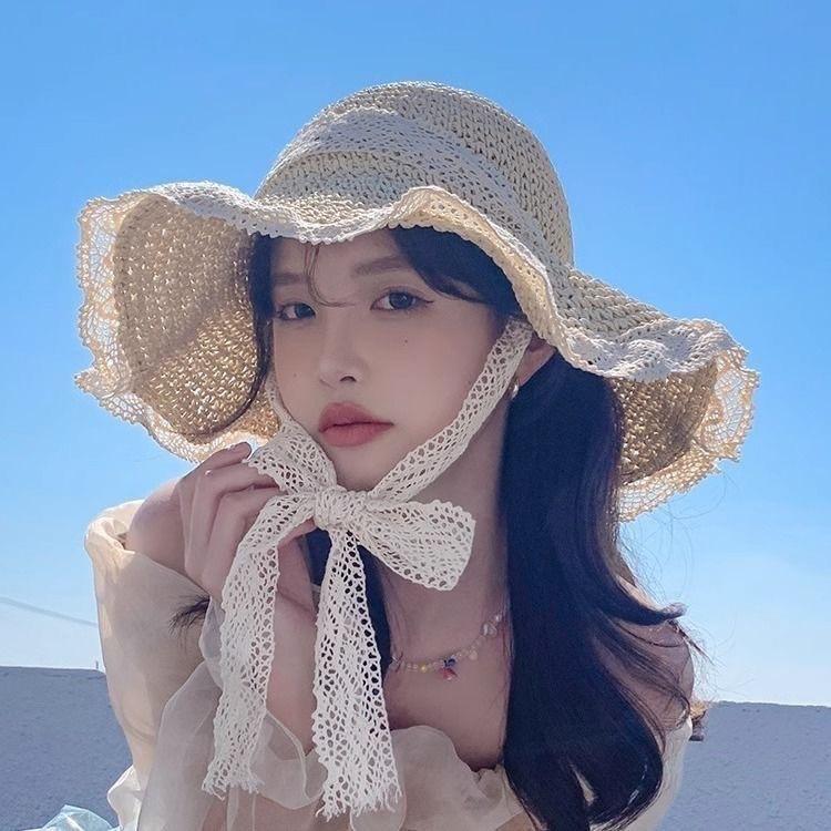 Straw Hat Seaside Hat Ins Lace-up Straw Hat Female Summer Travel Sun Protection Beach Sun Hat Lace Edge Sun Hat