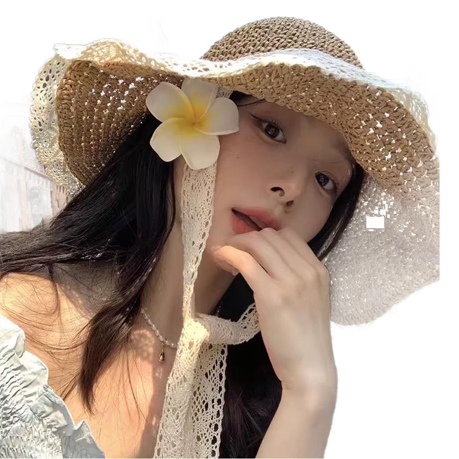 Straw Hat Seaside Hat Ins Lace-up Straw Hat Female Summer Travel Sun Protection Beach Sun Hat Lace Edge Sun Hat