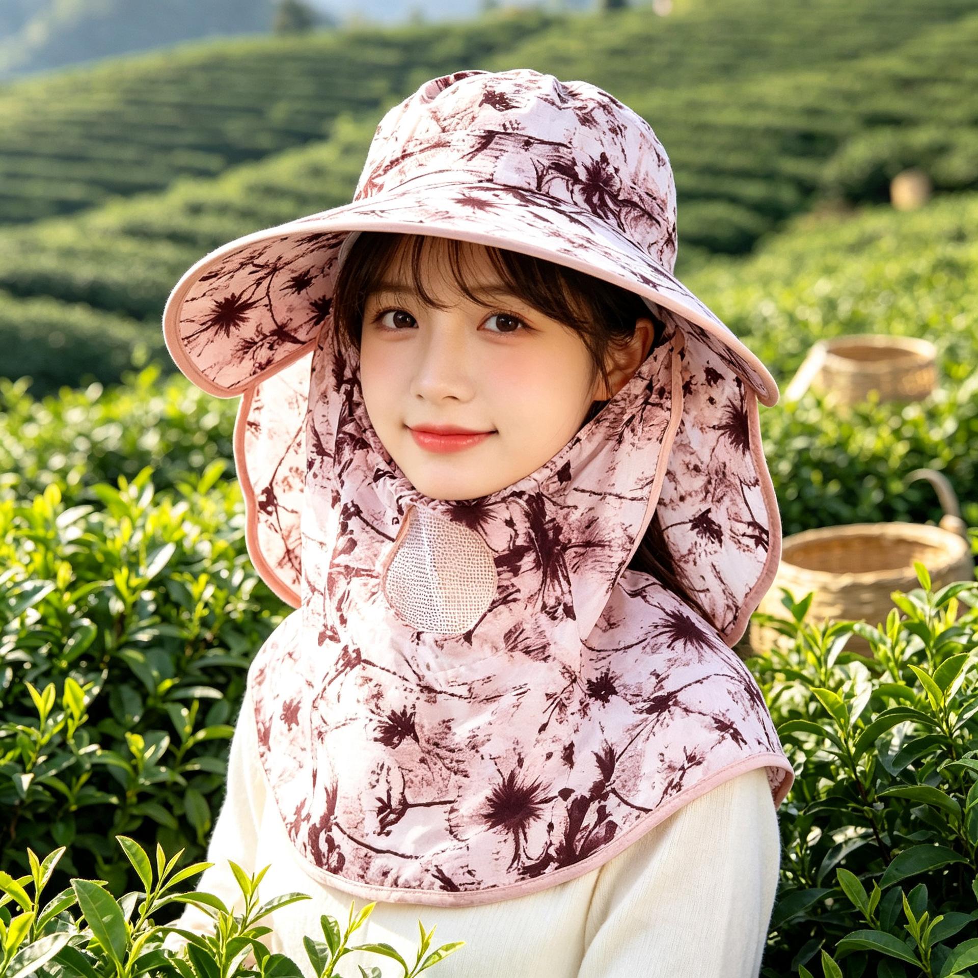 Summer Sun Protection Hat Women's Dry Farm Work Big Brim Tea Picking Hat Detachable Mask Women's Ink Painting Shawl Hat