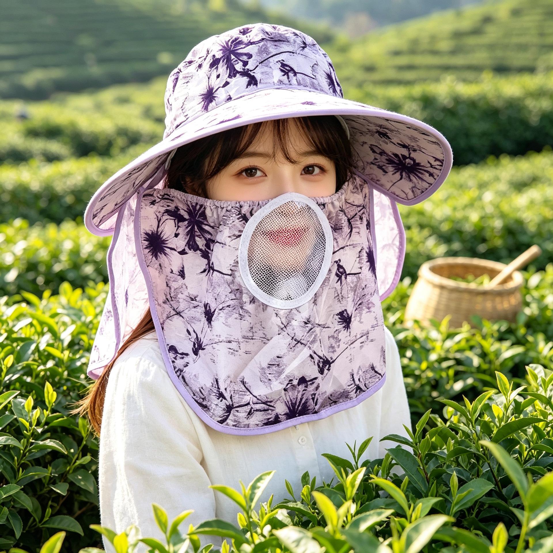 Summer Sun Protection Hat Women's Dry Farm Work Big Brim Tea Picking Hat Detachable Mask Women's Ink Painting Shawl Hat