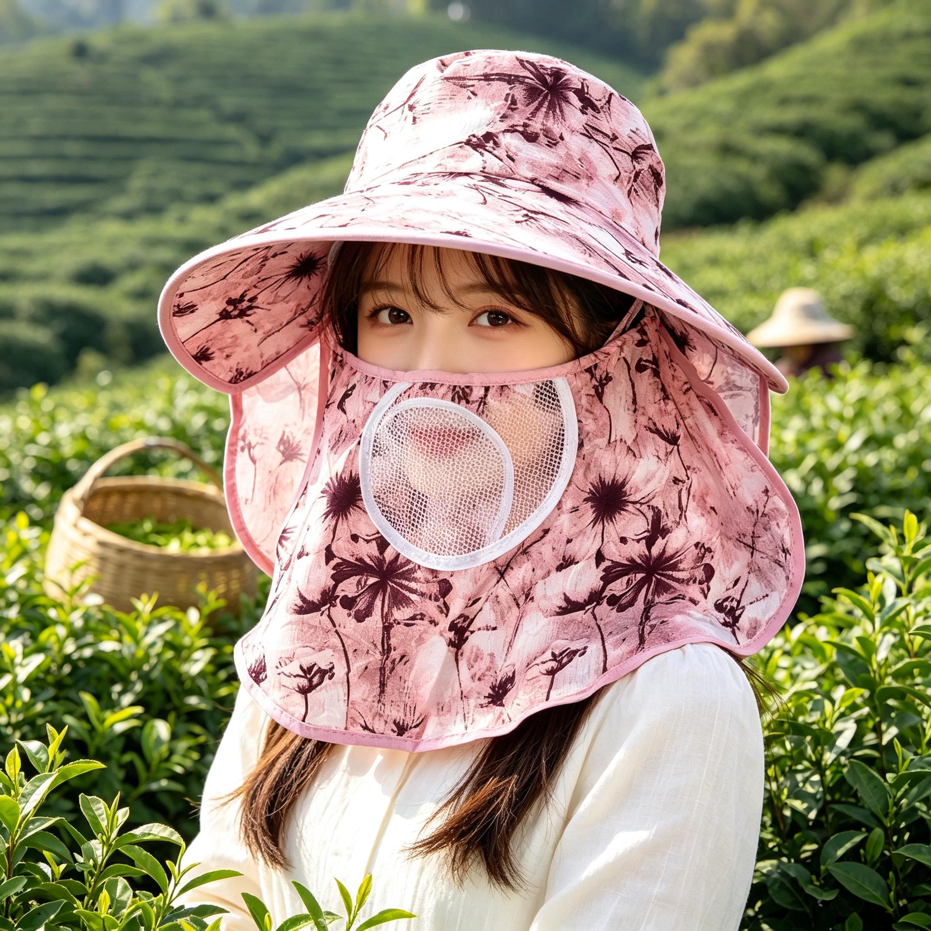Summer Sun Protection Hat Women's Dry Farm Work Big Brim Tea Picking Hat Detachable Mask Women's Ink Painting Shawl Hat
