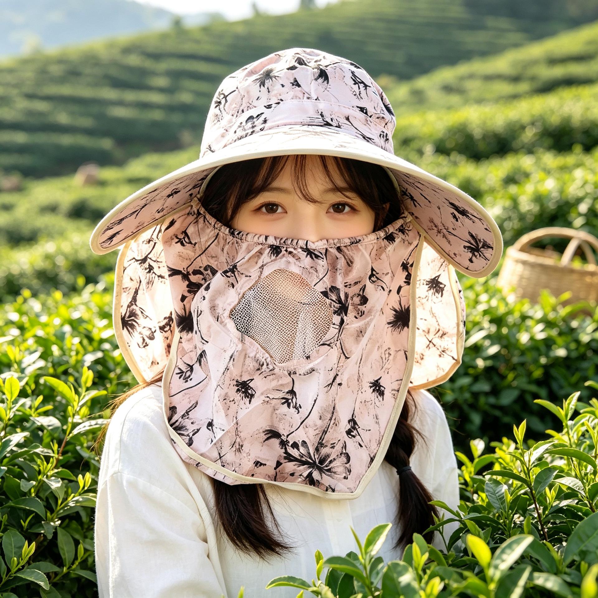 Summer Sun Protection Hat Women's Dry Farm Work Big Brim Tea Picking Hat Detachable Mask Women's Ink Painting Shawl Hat