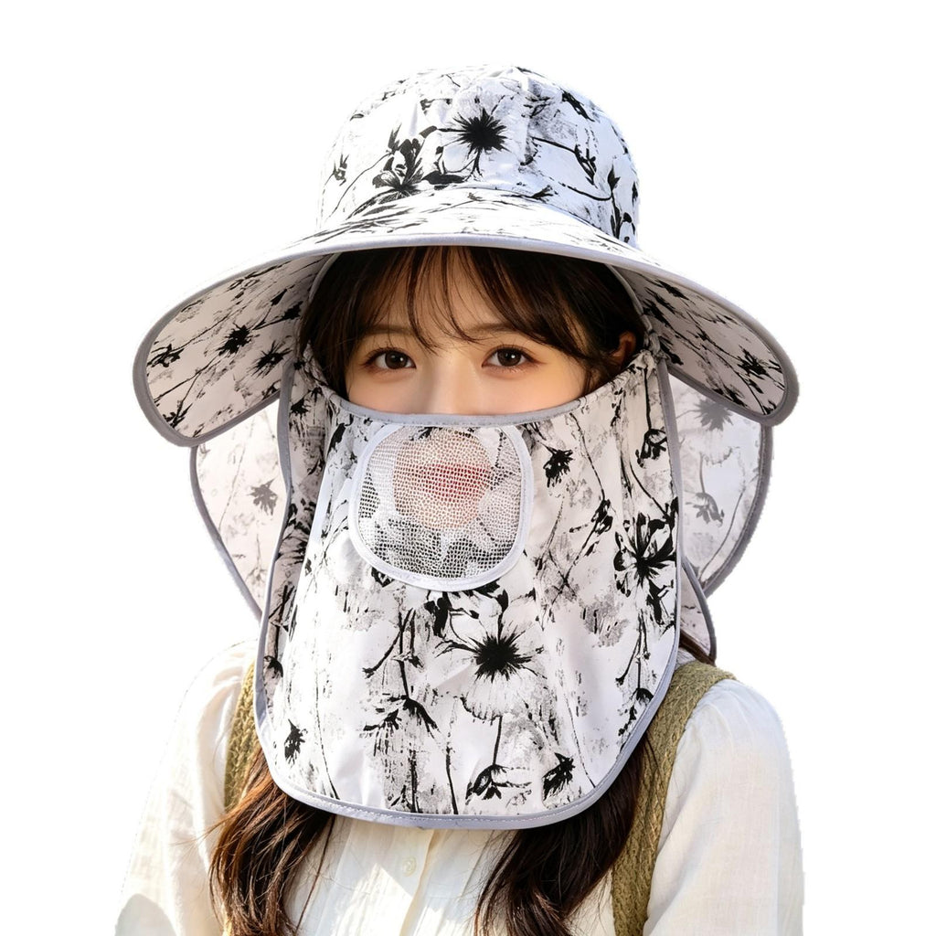 Summer Sun Protection Hat Women's Dry Farm Work Big Brim Tea Picking Hat Detachable Mask Women's Ink Painting Shawl Hat