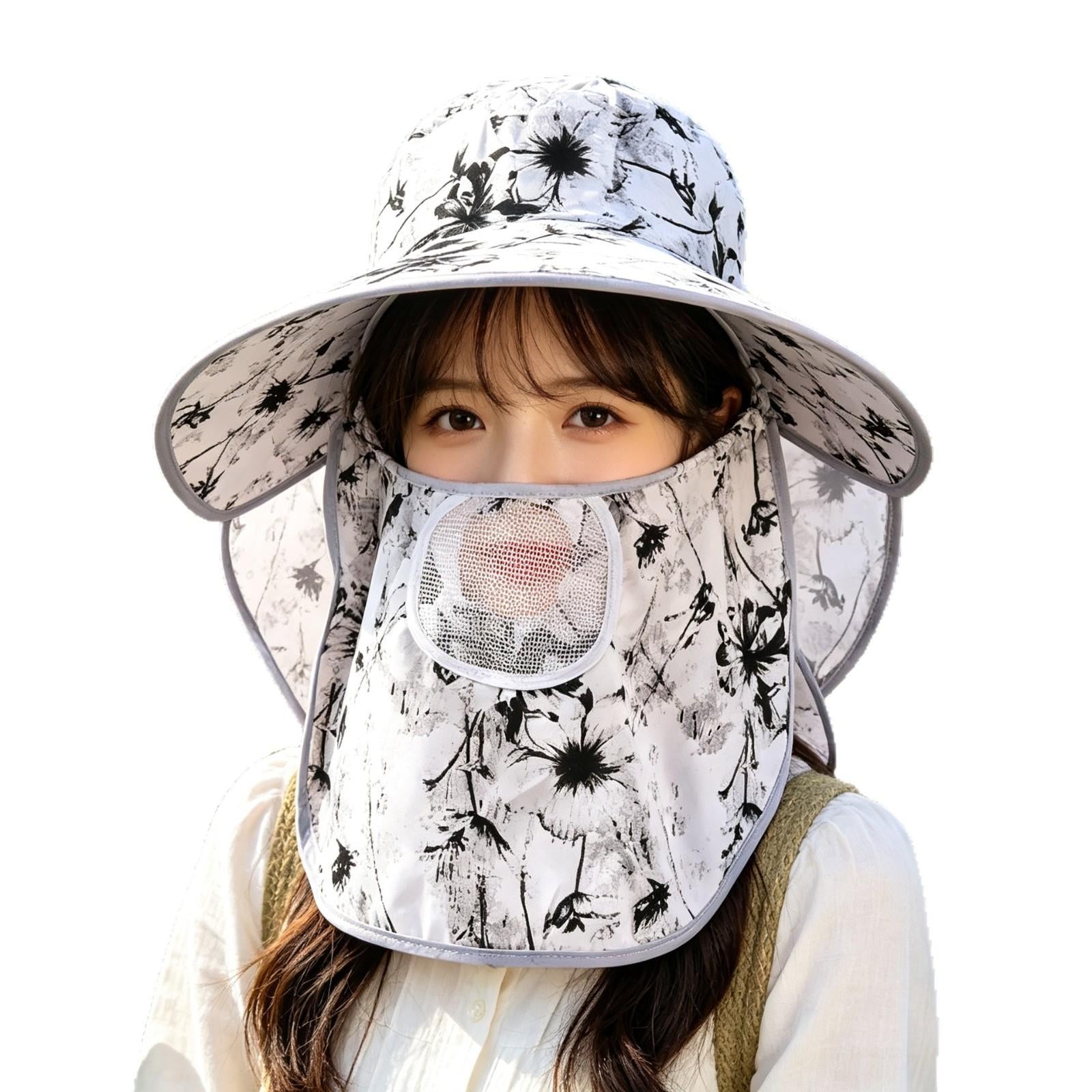 Summer Sun Protection Hat Women's Dry Farm Work Big Brim Tea Picking Hat Detachable Mask Women's Ink Painting Shawl Hat