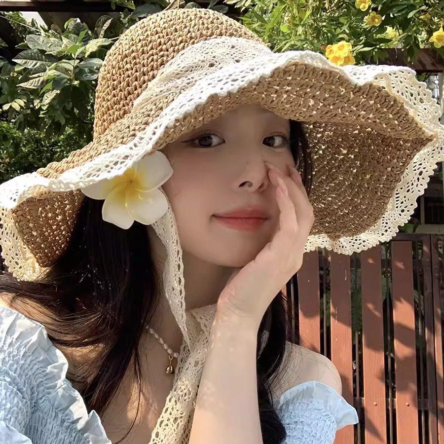 Summer Lace Big Brim Sun Protection Straw Hat Women's Seaside Holiday Sun Hat Face-Looking Small Foldable All-Match Hat
