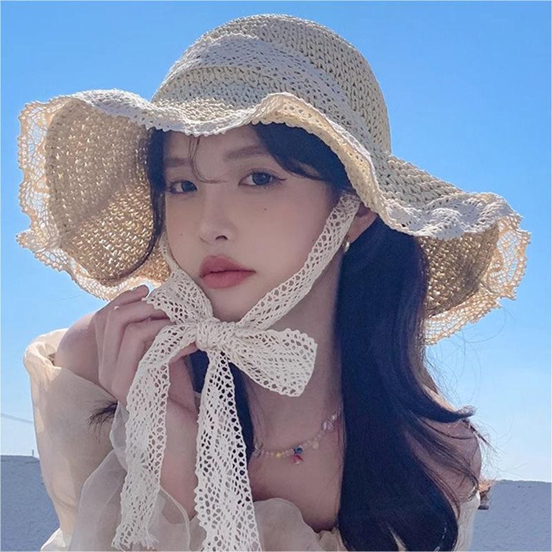 Summer Lace Big Brim Sun Protection Straw Hat Women's Seaside Holiday Sun Hat Face-Looking Small Foldable All-Match Hat