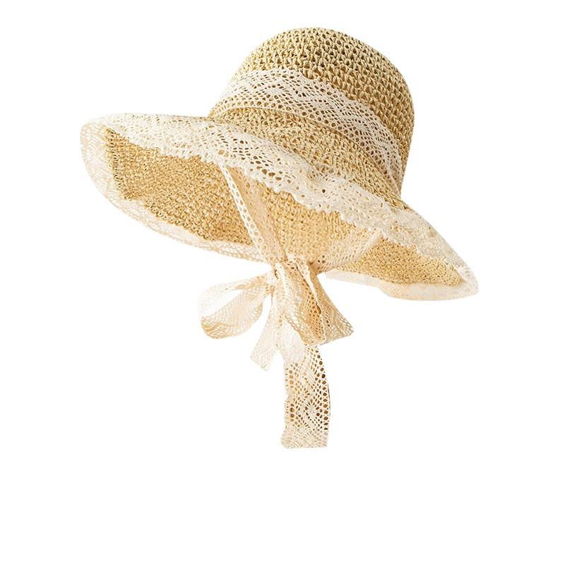 Summer Lace Big Brim Sun Protection Straw Hat Women's Seaside Holiday Sun Hat Face-Looking Small Foldable All-Match Hat