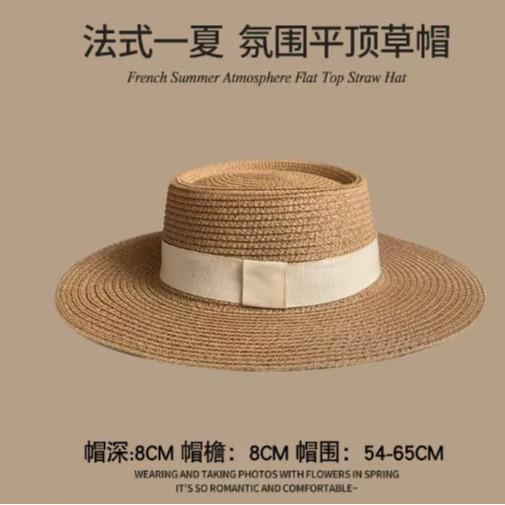 2026 New French Style Flat Top Straw Hat Women's Big Head Circumference Summer Seaside Beach Top Hat Woven Sun Protection Sun Hat