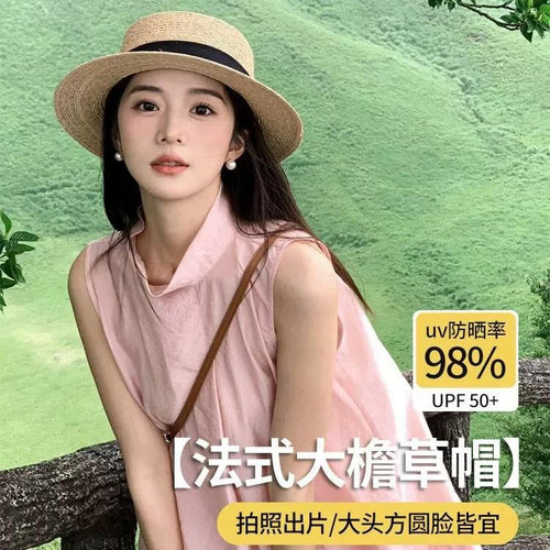 2026 New French Style Flat Top Straw Hat Women's Big Head Circumference Summer Seaside Beach Top Hat Woven Sun Protection Sun Hat