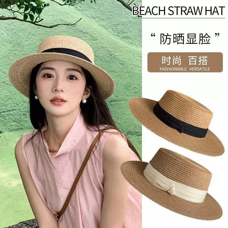 2026 New French Style Flat Top Straw Hat Women's Big Head Circumference Summer Seaside Beach Top Hat Woven Sun Protection Sun Hat