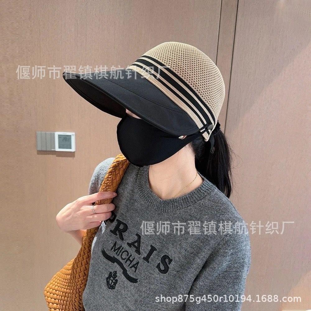 New Summer Sun Protection Sun Hat Women's Big Brim Empty Top Can Tie Ponytail Breathable Flying Woven Top Fisherman Hat Anti-Purple