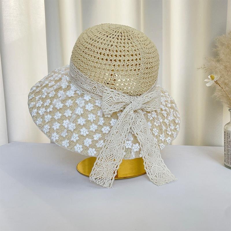Straw Hat Sun Hat Women's New Japanese Style Fresh Lace Straw Hat Summer Travel Sun Hat Big Brim Beach